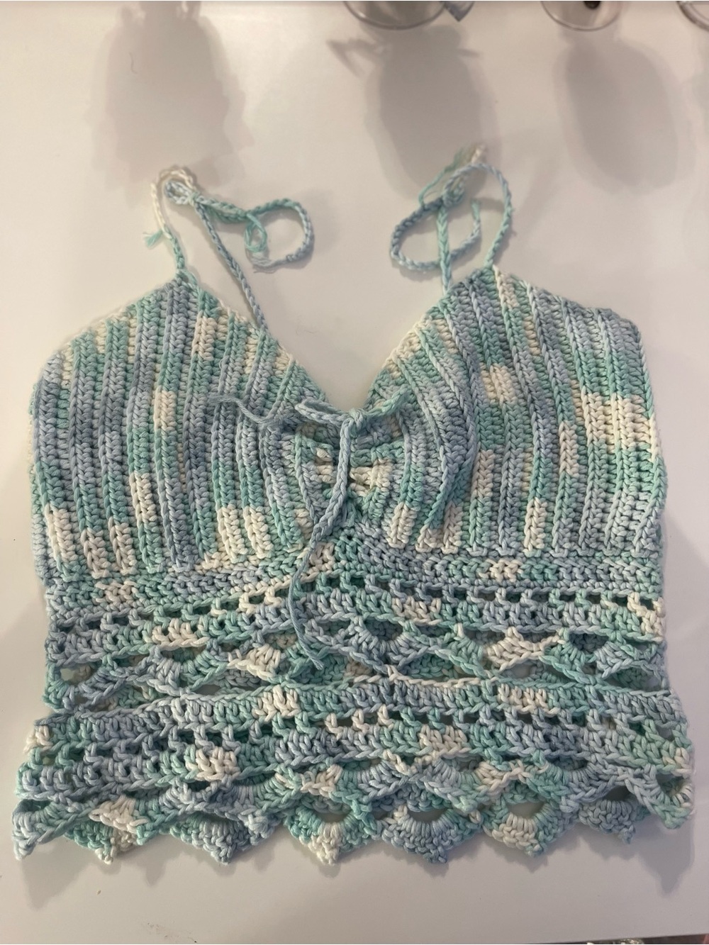 Handmade Crochet Bralette Top in Seafoam Green, blue and White